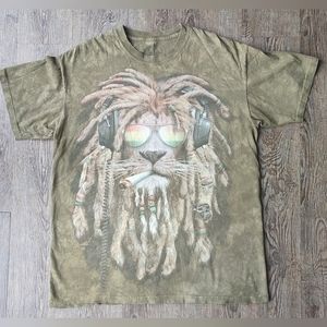The Mountain Rasta Lion T-Shirt Size Large Green Tie Dye DJ Jahman 100% Cotton